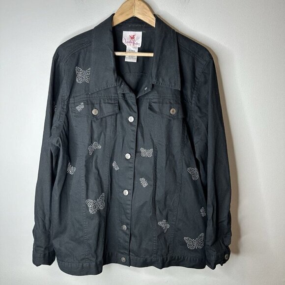 Quacker Factory Jacket Womens Sz XL Black Denim Jean Butterfly Rhinestones Gems - Picture 1 of 9